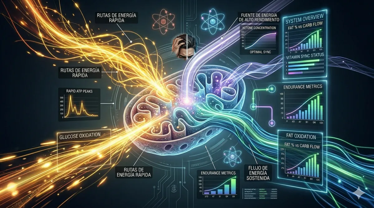 Abstract scientific illustration showing three distinct energy pathways – a vibrant yellow stream for rapid glucose, a deep blue stream for sustained fat, and a glowing purple stream for efficient ketones – converging on a stylized cellular mitochondrion, symbolizing the body's strategic fuel choices.