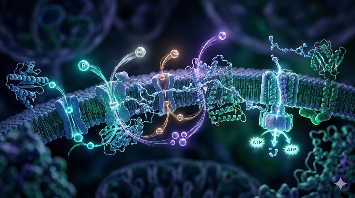 Photo-realistic close-up of glowing nutrient particles fueling an intricate cellular machinery, depicting ATP synthesis and mitochondrial support.