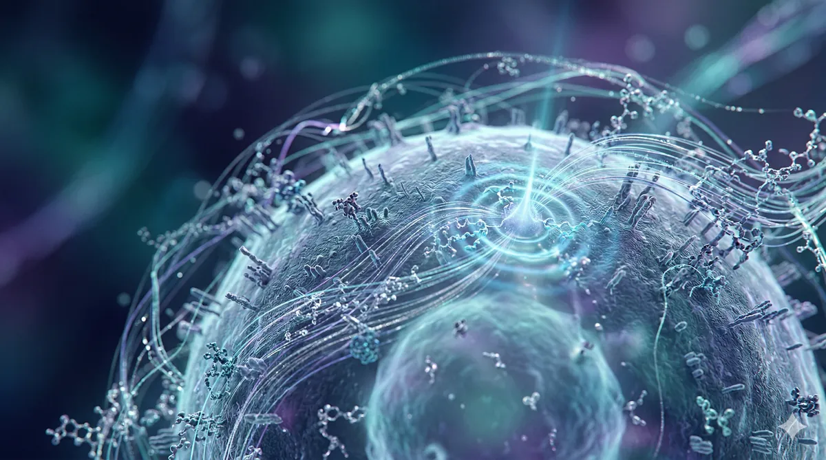 Photo-realistic extreme close-up of a human cell surrounded by ethereal streams of cool-toned light and data, symbolizing precision cellular troubleshooting, personalized adjustments, and future-proofing for longevity and sustained energy mastery.