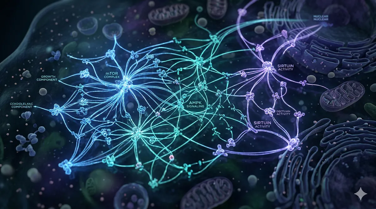 A detailed, photo-realistic microscopic view of three interconnected molecular pathways (mTOR, AMPK, Sirtuins) within a stylized cell, glowing with cool-toned light against a dark, mysterious background, symbolizing cellular energy regulation and metabolic flexibility.