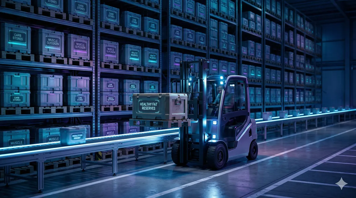 Close-up photo-realistic image of a sleek forklift moving a labeled package on a conveyor belt within a vast, cool-toned logistics warehouse, symbolizing the body's efficient fat energy mobilization and oxidation.