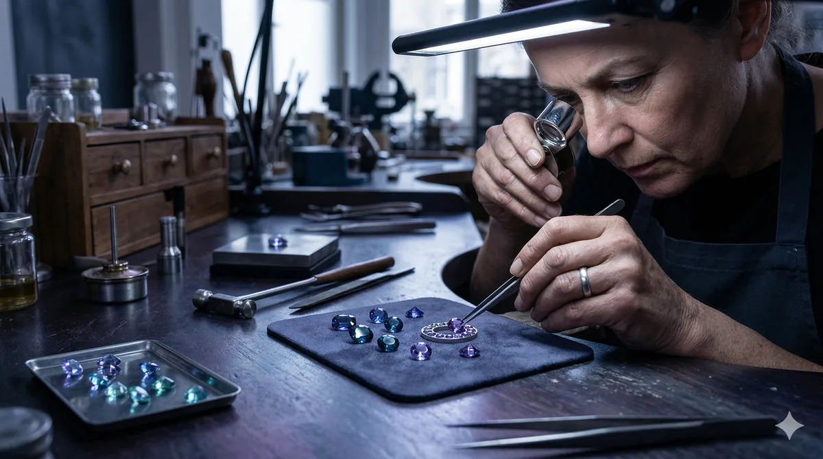 Photo-realistic image of a jeweler's hands meticulously arranging glowing, multifaceted gemstones on a cool-toned workbench using precision tools and a loupe, symbolizing the strategic optimization of glycogen stores and metabolic energy reserves.
