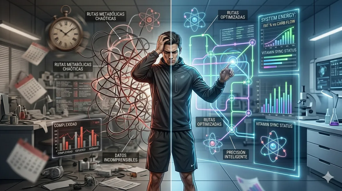 Image depicting the stark contrast between complex, overwhelming manual cellular fuel optimization and a clear, efficient, data-driven precision strategy, with a high-performance individual experiencing both states.