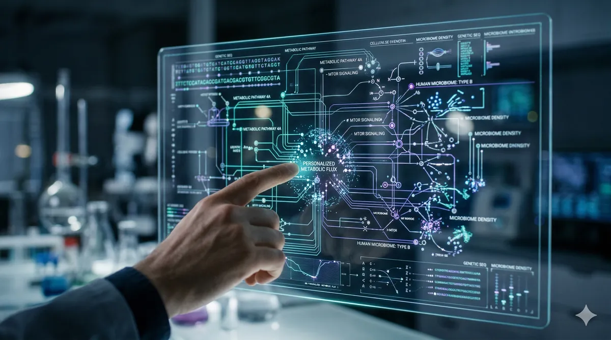 Close-up of a holographic interface displaying complex biological data, including genetic sequences and metabolic pathways, with a human hand interacting, symbolizing personalized metabolic rate control and advanced health insights.