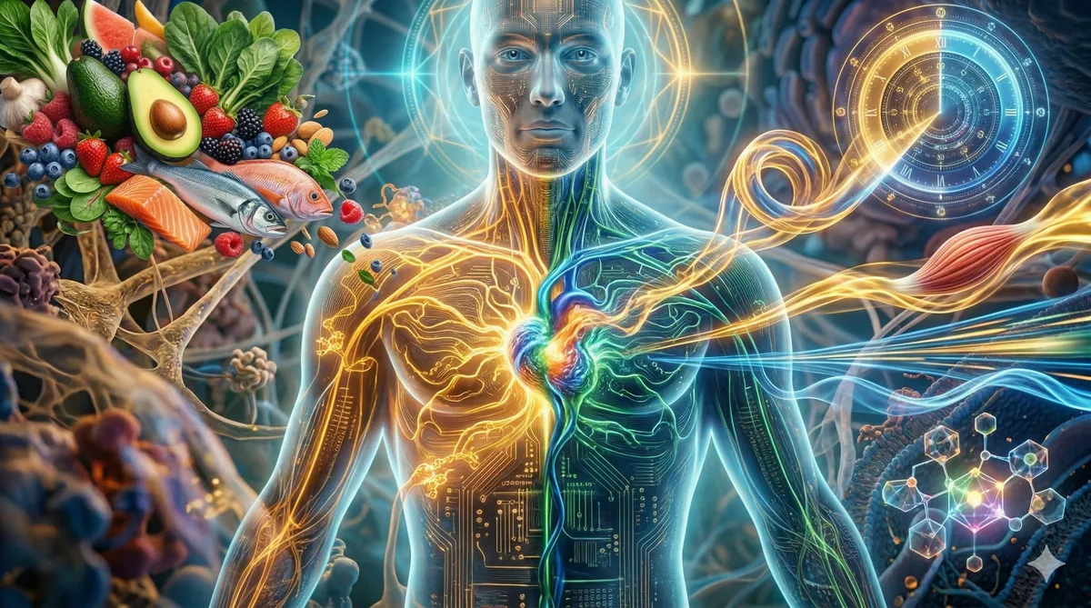 Conceptual image illustrating strategies for improving metabolic flexibility, showing a stylized human figure with energy pathways shifting between fuel sources, surrounded by representations of healthy foods, exercise, strategic fasting, and bio-optimization supplements.