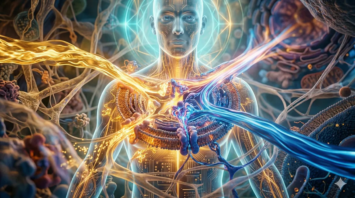 Illustration of metabolic flexibility, showing a glowing internal cellular engine within a stylized human body seamlessly switching between golden-yellow carbohydrate energy and electric-blue fat energy, symbolizing stable energy and mental clarity.