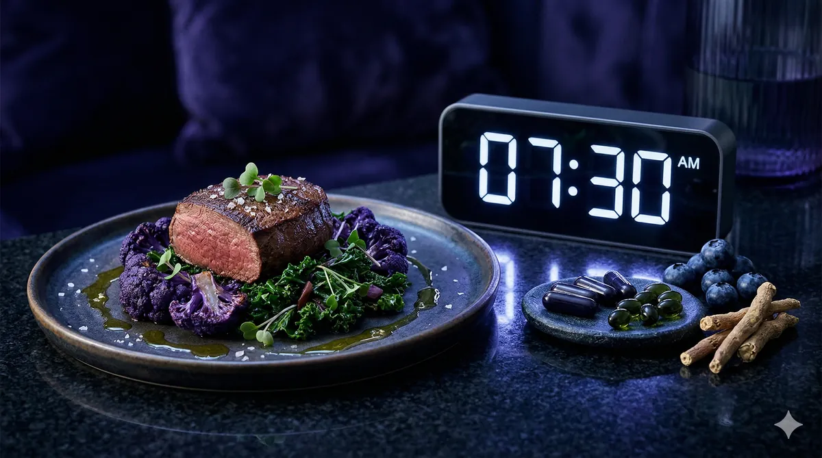 Photo-realistic image featuring a gourmet-plated healthy meal, a digital clock, and supplements, set in a cool, mysterious light with an ethereal glow, symbolizing strategic interventions for cellular energy optimization and nutrient sensing.