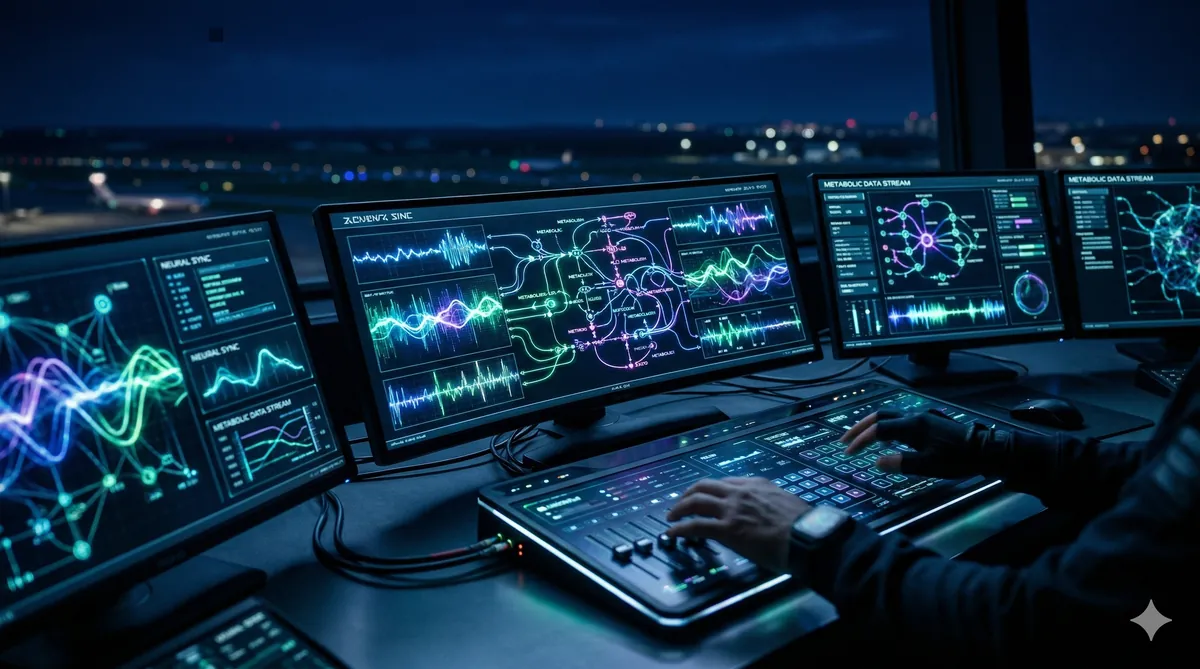 Photo-realistic image of a futuristic air traffic control center at night, with glowing cool-toned radar screens displaying intricate energy waveforms and metabolic pathways, symbolizing cellular fuel management.