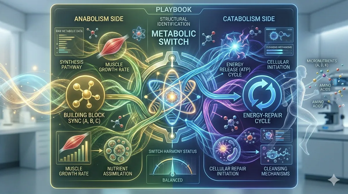 Conceptual image illustrating the body's dynamic metabolic switch, showing the balanced interplay between anabolic (growth, repair) and catabolic (breakdown, energy release) processes. Abstract elements represent influences from diet, exercise, and lifestyle on cellular energy management.