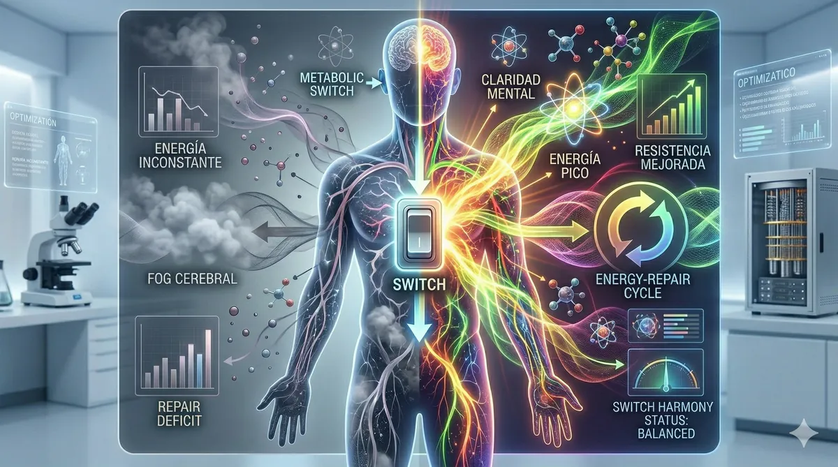 A vibrant illustration depicting the metabolic switch, showing a clear shift from inconsistent, foggy energy to brilliant, consistent energy and mental clarity within a human form, symbolizing human optimization and balanced cellular energy.