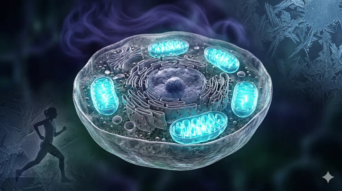 Photo-realistic image of a human cell with intensely glowing, optimized mitochondria, subtly surrounded by cool-toned abstract representations of exercise, cold exposure, and deep sleep, symbolizing enhanced cellular energy and efficiency.