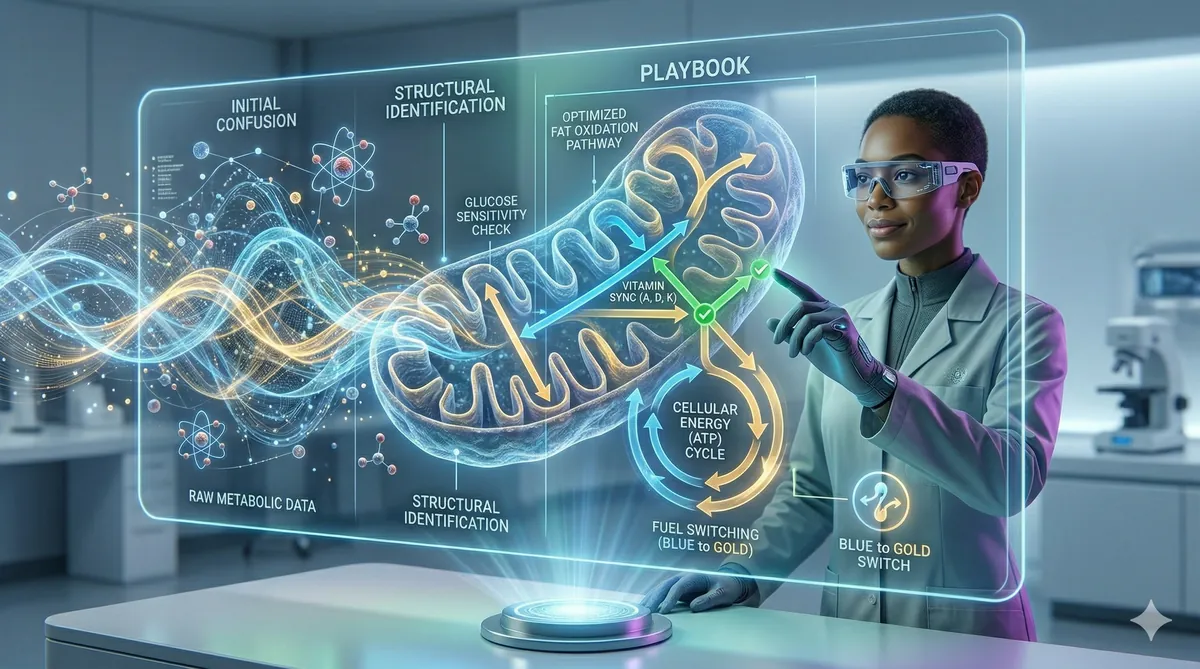 Image depicting a person interacting with a high-tech holographic display that transforms complex biological data into a clear, personalized metabolic optimization strategy, symbolizing customized health guidance and precision.